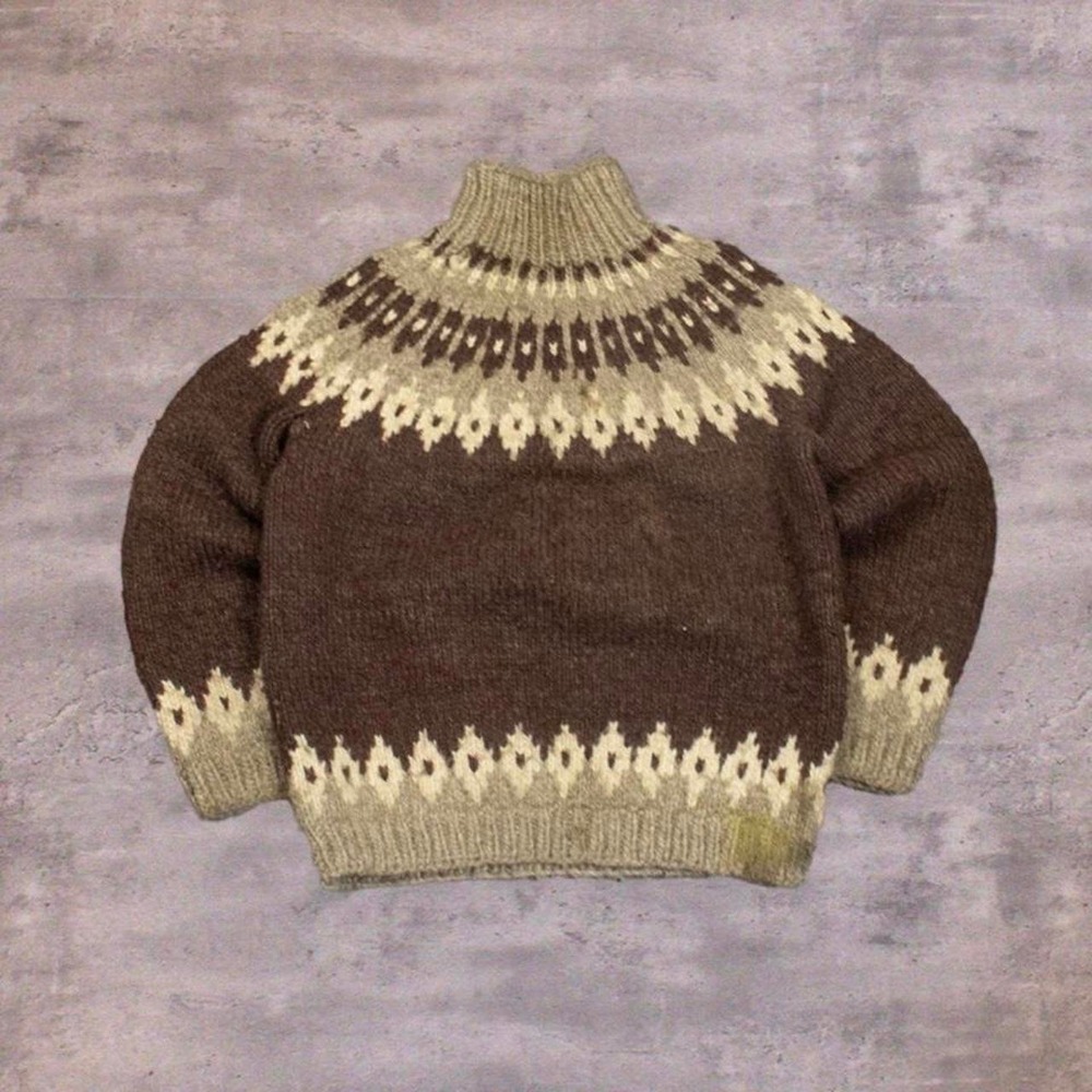 90's Handmade Native Island  Nordic Thick Wool Fleece Mock Neck Sweater